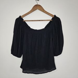 Abercrombie Crinkle Textured Puff Sleeve Top M Dark Navy